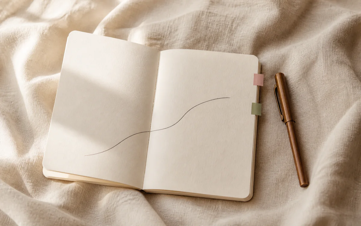 Open cream notebook and pen with muted rose and sage accents in warm light