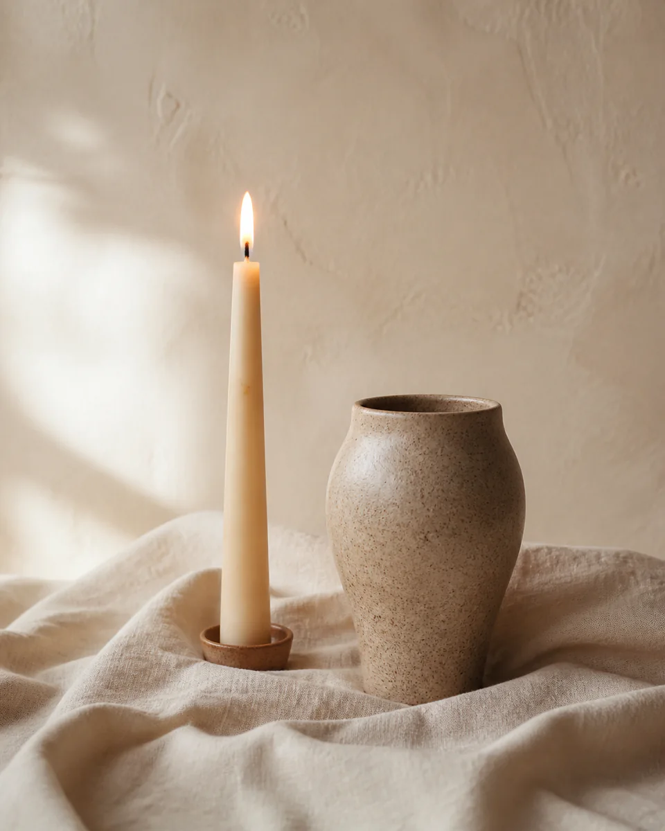 Lit taper candle beside an organic ceramic vessel on rumpled cream linen